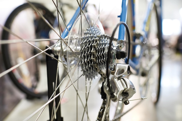 Carro con cadena rueda trasera deportes mountain bike closeup