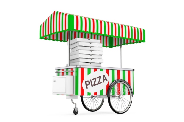 Foto carro de la carretilla de la pizza en un fondo blanco. representación 3d