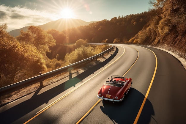 Foto carro clássico dirigindo por uma estrada panorâmica ensolarada criada com ia generativa