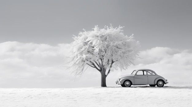 Carro clássico monocromático minimalista em paisagem de neve