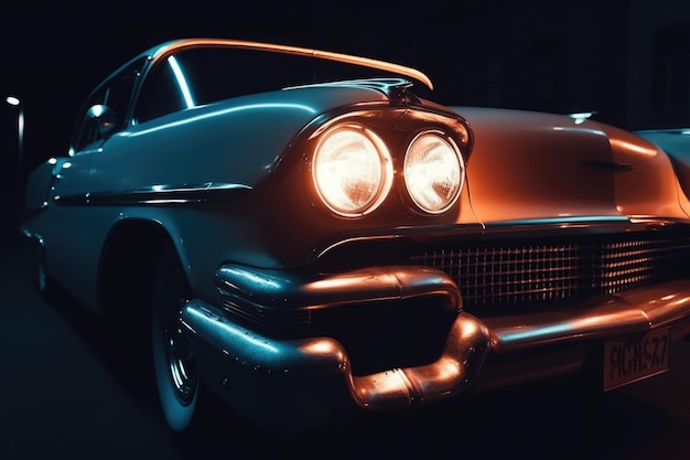 Carro clássico retrô iluminado à noite Generative AI