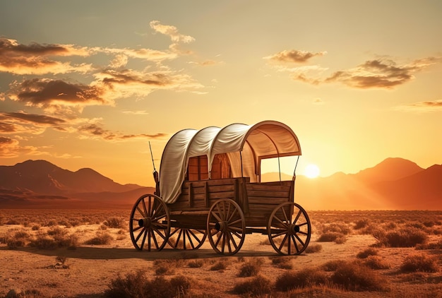Foto carro coberto no deserto ao pôr-do-sol raena no estilo de representações narrativas