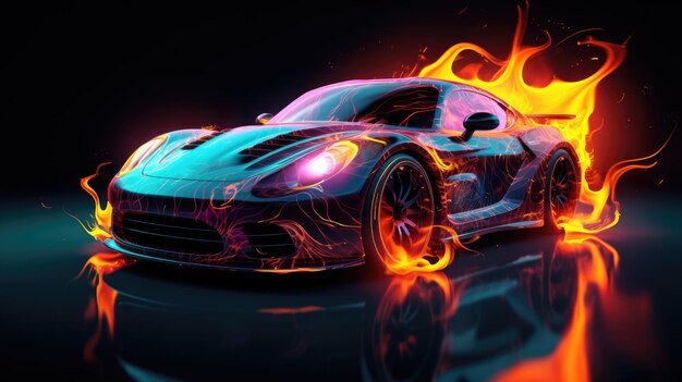 Foto carro com airbrushing e luzes de néon em um fundo escuro