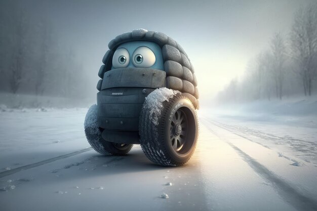 Foto carro com pneus para todas as estações na estrada gelada personificada por personagem engraçado