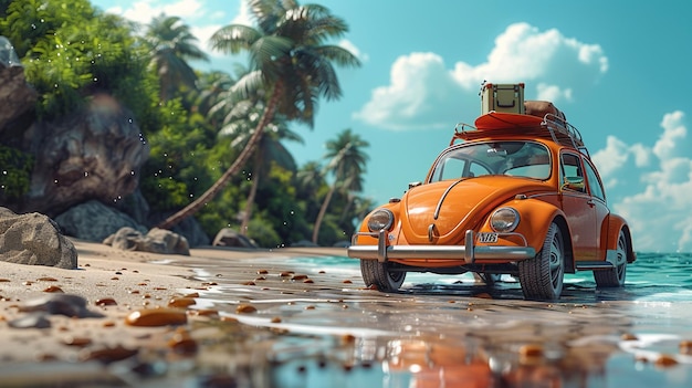 Foto carro com prancha de surf e bagagem em cima na praia em frente às palmeiras e oceano