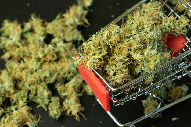 Carro de la compra con carga de cogollos de marihuana Concepto de negocio de cannabis