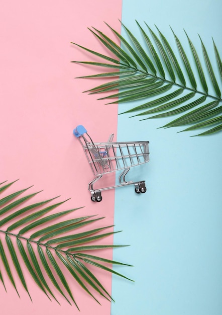 Carro de la compra y hojas de palma sobre fondo azul rosa Vista superior Lay Flat