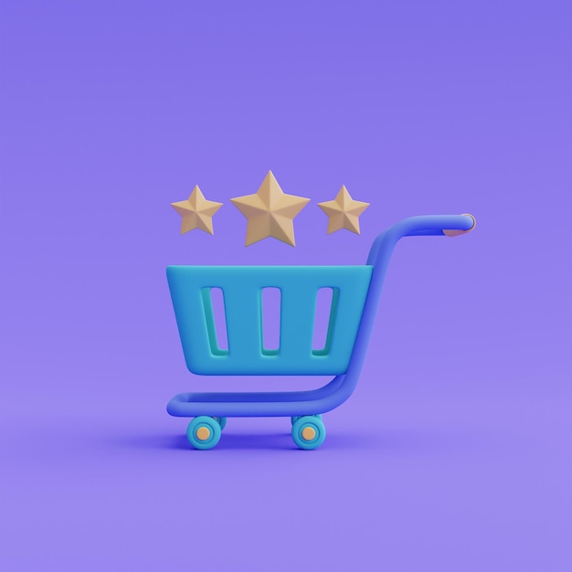 Carro de compras 3D, concepto de compras en línea, marketing digital, promoción de oferta especial. Ilustración de renderizado 3D