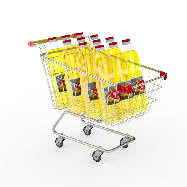 Carro de compras y aceite de girasol en botella de plástico sobre fondo blanco Ilustración 3D aislada