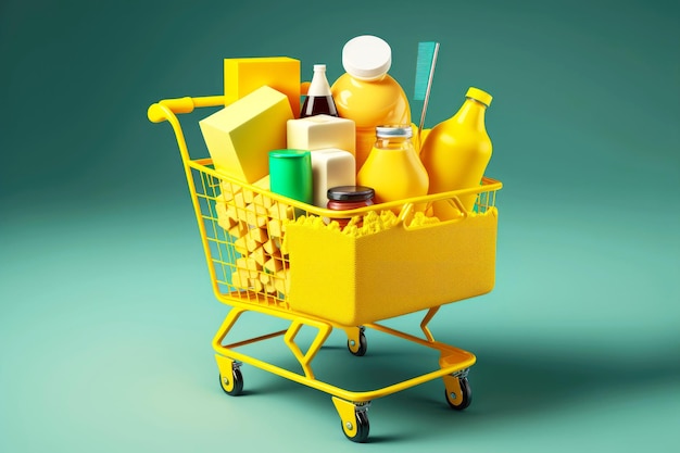 Carro de compras amarillo cargado de productos y artículos domésticos esenciales