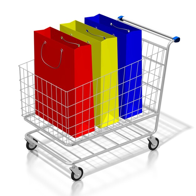Carro de compras y bolsas de compras ilustración 3D
