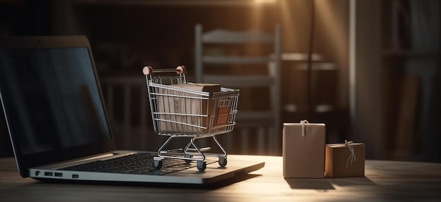 Carro de compras con bolsas de compras y laptop Generative Ai