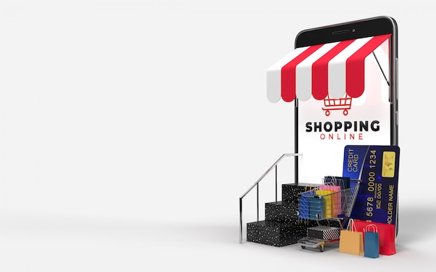 Carro de compras, bolsas de compras, tarjeta de crédito, Subir las escaleras y la tableta, que es una tienda en línea de la tienda en línea del mercado digital de Internet. Concepto de marketing y marketing digital. Representación 3d