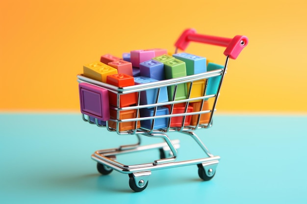 Carro de compras con caja dentro de colores claros brillantes fondo colorido HD Generativa AI