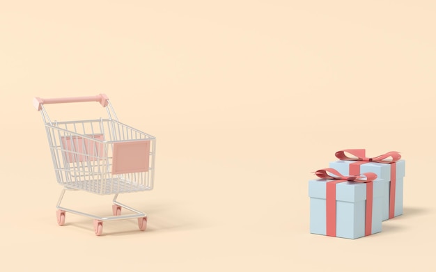 Carro de compras y caja de regalo renderizado 3d