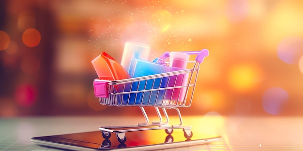 Carro de compras de comercio electrónico con múltiples productos Un fondo abstracto iluminado por el sol Concepto de comercio electrónico AI generativo