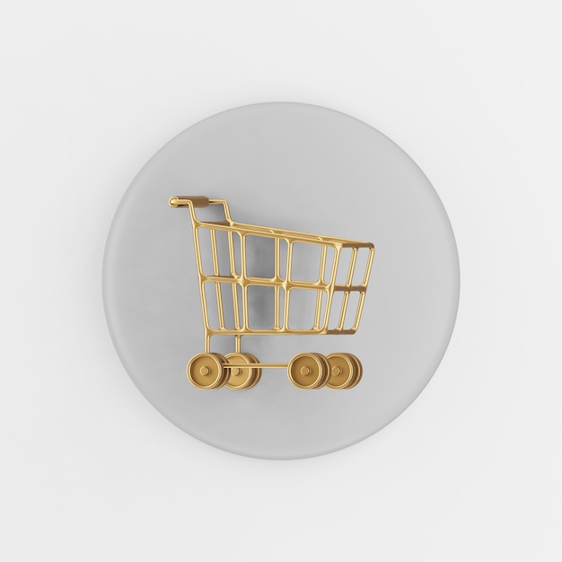 Carro de compras dorado sobre ruedas icono. Botón de tecla redonda gris de renderizado 3D, elemento de interfaz ui ux de interfaz.
