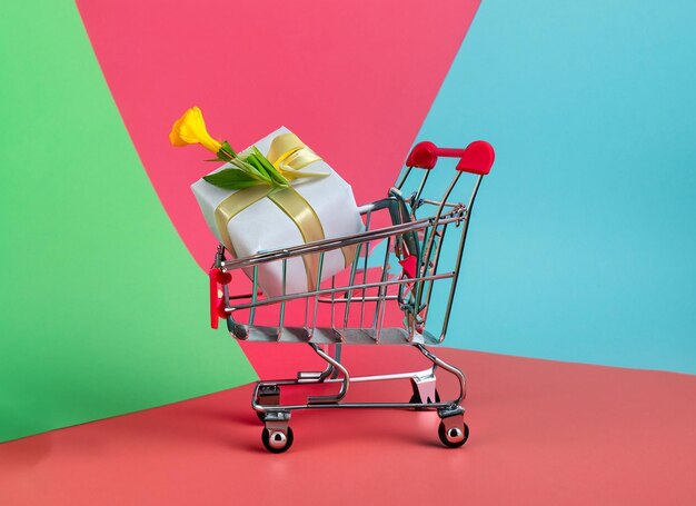 Carro de compras con fondo de caja de regalo