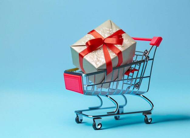 Carro de compras con fondo de caja de regalo