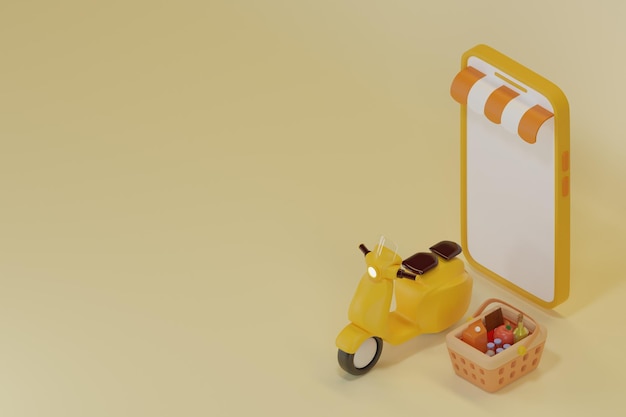 Carro de compras lleno de alimentos saludables sobre fondo rosa Entrega de concepto de tienda de comestibles y alimentos e ilustración de renderizado 3d de teléfono inteligente