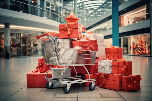 Carro de compras lleno de bolsas y cajas navideñas en un centro comercial.