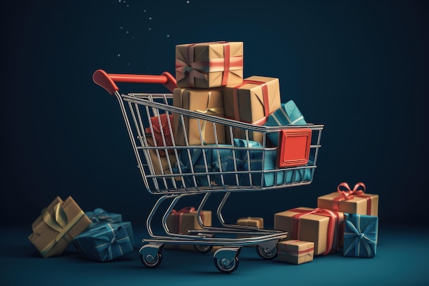 Carro de compras lleno de cajas de regalo aisladas sobre fondo azul AI