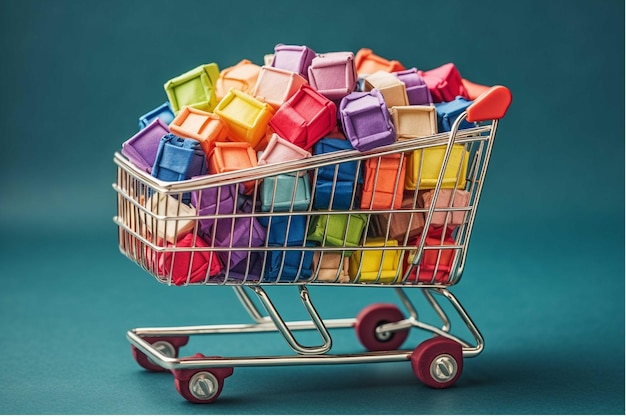 Carro de compras lleno de coloridas cajas de regalo sobre fondo turquesa