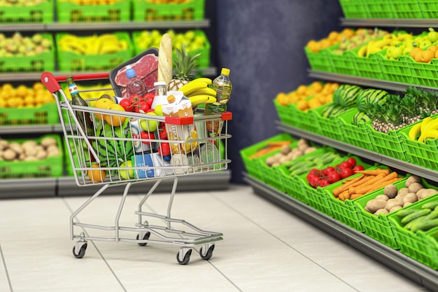 Carro de compras lleno de comida en un supermercado o tienda de comestibles con estantes con frutas y verduras