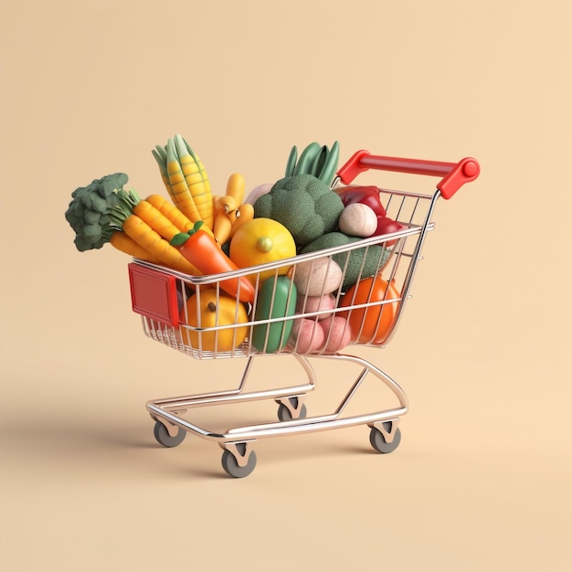 Carro de compras lleno de verduras 3d ilustración del concepto de compras