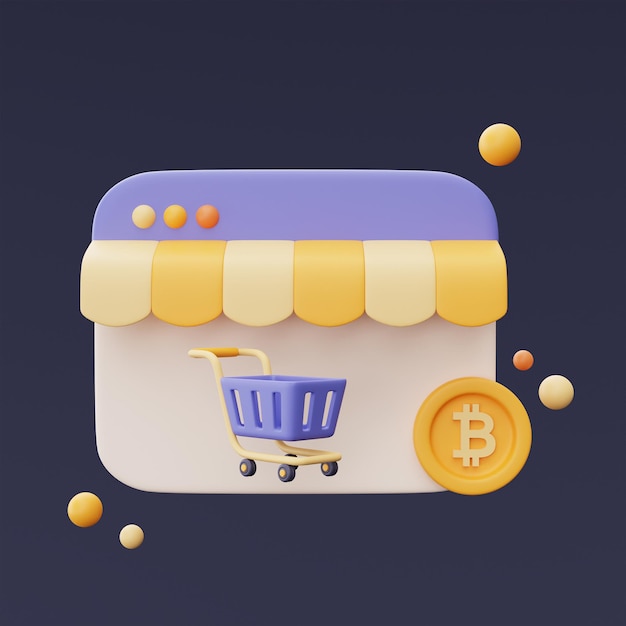 Carro de compras con monedas de bitcoin, concepto de compras en línea, ofertas web y criptomonedas, estilo minimalista. Representación 3d.