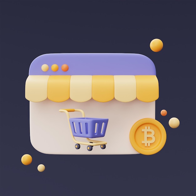 Foto carro de compras con monedas de bitcoin, concepto de compras en línea, ofertas web y criptomonedas, estilo minimalista. representación 3d.