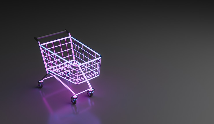 Foto carro de compras de neón sobre fondo negro con reflejos y espacio para texto. representación 3d