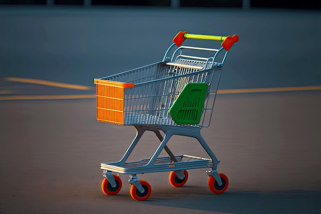 Carro de compras para niños gris en el estacionamiento del supermercado