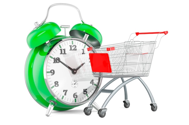 Carro de compras con reloj despertador Concepto de tiempo de compras Representación 3D aislada sobre fondo blanco