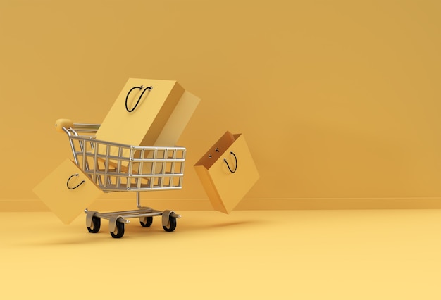 Carro de compras de renderizado 3D con diseño de ilustración de icono de bolsa de compras.