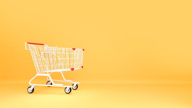 Carro de compras sobre un fondo amarillo, Compra y promoción de productos, renderizado 3d