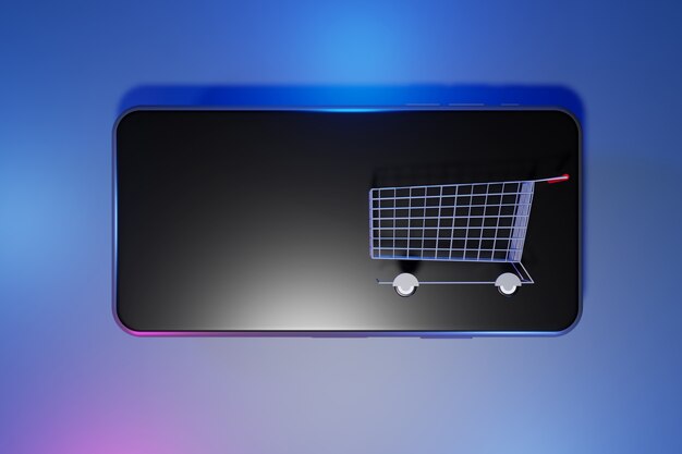 Carro de compras en teléfono móvil. Concepto de compras en línea, renderizado 3d