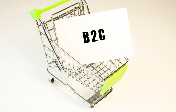 Foto carro de compras y texto b2c en papel blanco. concepto de lista de compras sobre fondo claro.