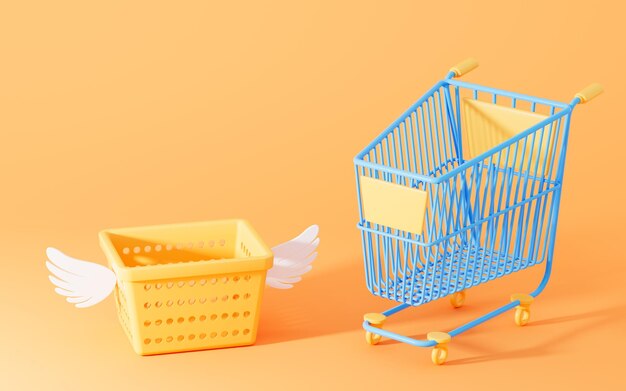Carro de compras vacío y renderizado 3d de la cesta