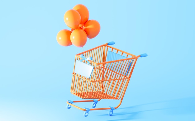 Carro de compras vacío con renderizado 3d de globos