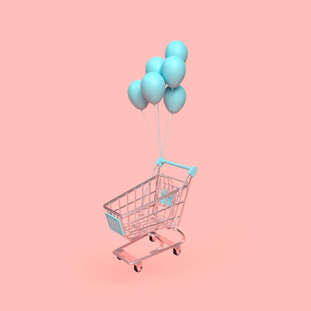 Carro de compras volador con globos sobre un fondo rosa Carro de compras Carro de compras 3D Render