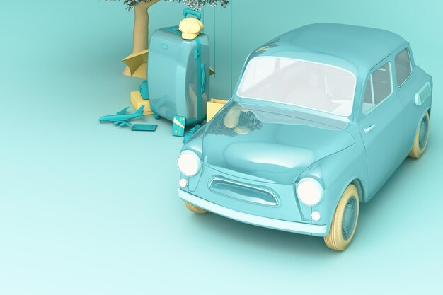 Foto carro conceito retro com bagagem cercado por equipamentos de viagem em tom de cor verde renderização 3d