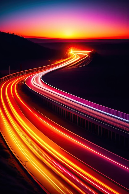 Carro corre pela rodovia uma pista noturna com luzes coloridas luzes de carro à noite