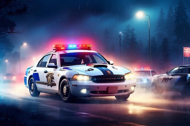 Carro da polícia perseguindo um carro à noite com fundo de nevoeiro 911 Resposta de emergência carro da polícia acelerando