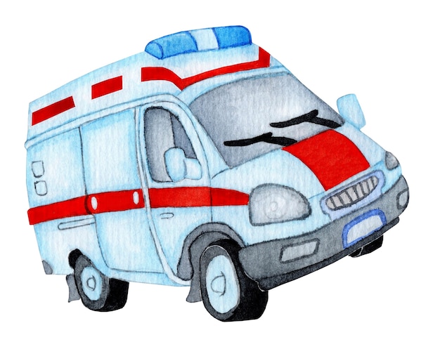 Foto carro de ambulância. ilustração em aquarela de um paramédico de ambulância. evacuação médica de ambulância isolada no fundo branco. desenhado à mão.