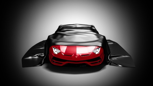 Foto carro de apresentação sob pano preto em fundo branco renderização 3d