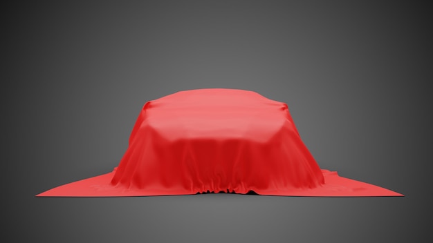 Carro de apresentação sob pano vermelho sobre fundo cinza. renderização em 3D