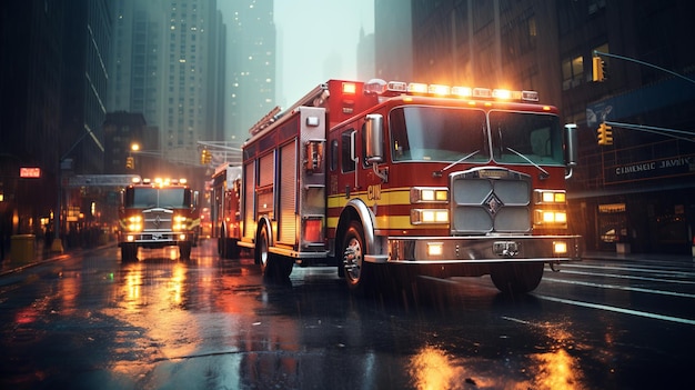 Carro de bombeiros com luzes de emergência na rua