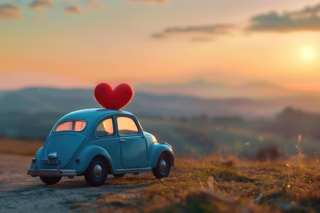 Carro de brinquedo azul entrega coração na paisagem do pôr-do-sol da Toscana