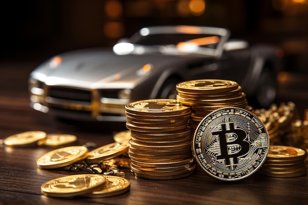 Carro de brinquedo com moeda bitcoin de lembrança dourada em fundo de madeira de luxo desfocado